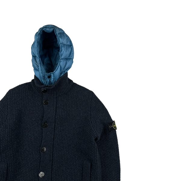 Stone Island 2013 Navy Wool Knit Garment Dyed Down Hood Jumper - XL