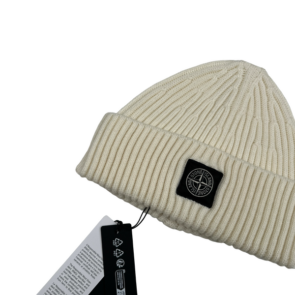 Stone Island 2025 Cream Wool Patch Beanie