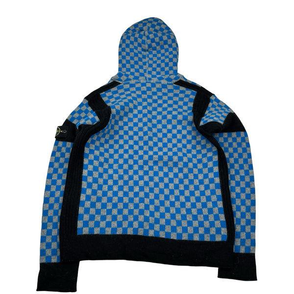 Stone Island 2010 Blue Checkered Sample Wool Knit Hoodie VERY RARE - Large