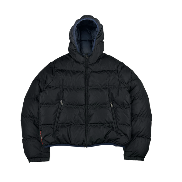 Prada Navy Red Tab Logo Zipped Puffer Jacket - XXL