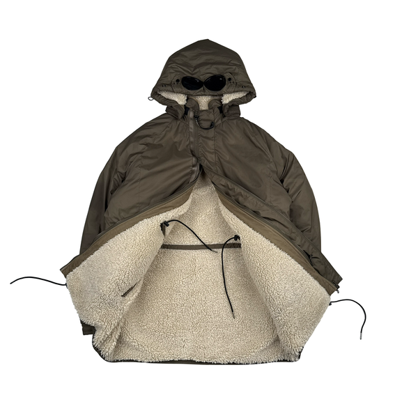CP Company Reversible Thick Nylon Khaki Goggle Fleece Lined Hooded Jacket - Large