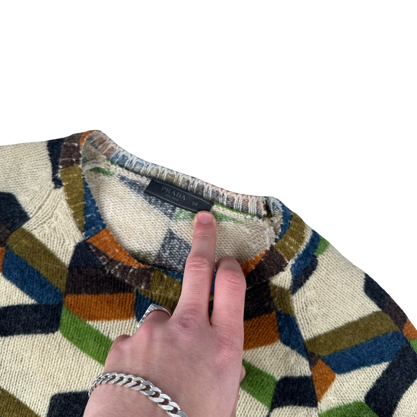 Prada 2017 Archive Geometric Wool Monogram Crewneck Knit Jumper - Large