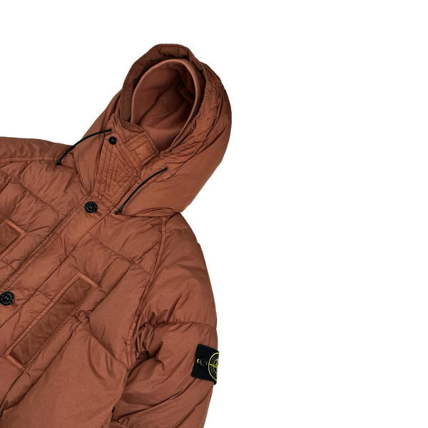Stone Island 2019 Salmon Garment Dyed Crinkle Reps Long Puffer Jacket - Medium