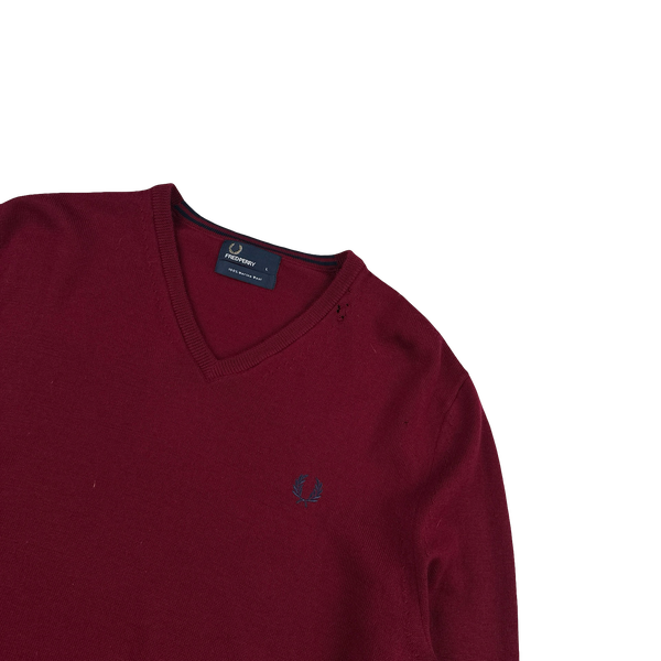 Fred Perry Red Wool V Neck Knit - Large