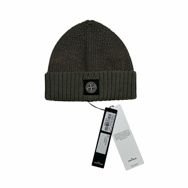 Stone Island 2017 Green Ice Knit Ribbed Wool Logo Beanie Hat