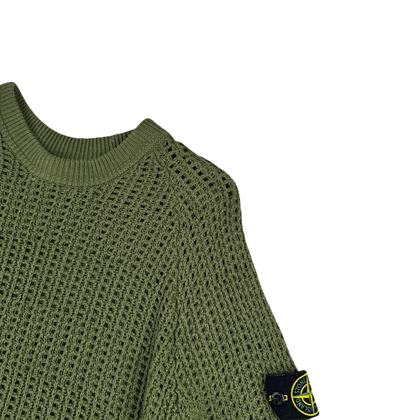 Stone Island 2022 Green Thick Woven Knit Crewneck Jumper - Large