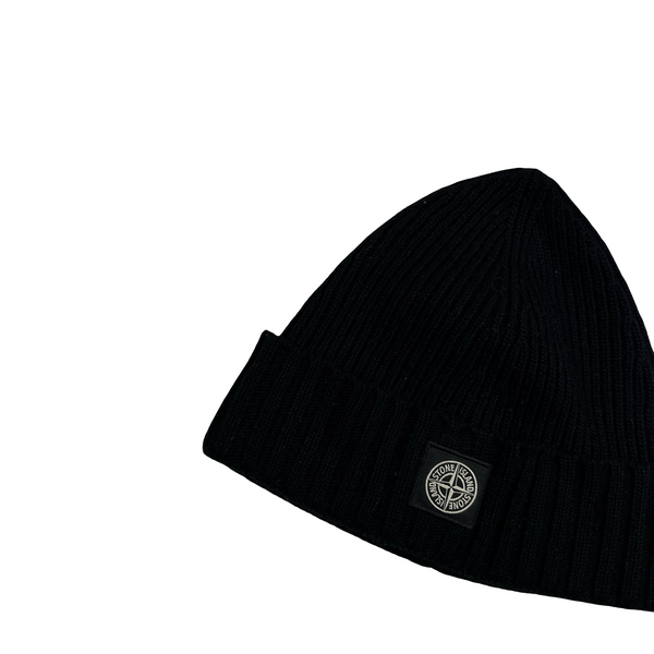 Stone Island Black Ribbed Logo Patch Beanie