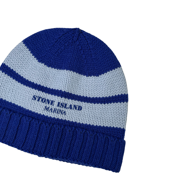 Stone Island 2025 Marina Blue Striped Pure Wool Spellout Beanie