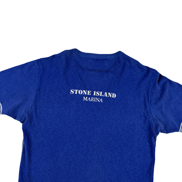 Stone Island 2019 Blue Striped Marina Spellout T Shirt - Medium