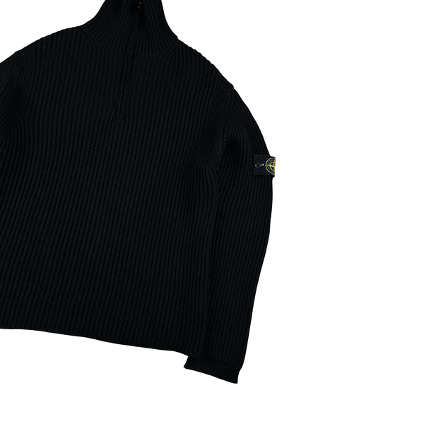 Stone Island 2001 Black Lana Wool Vintage Ribbed High Neck Jumper - Large