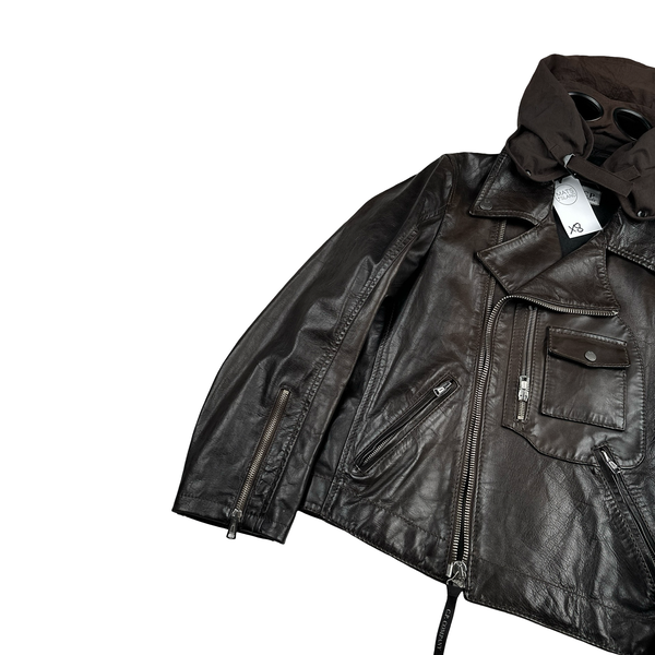 CP Company Dark Brown Heavyweight Leather Vintage Goggle Jacket - XS