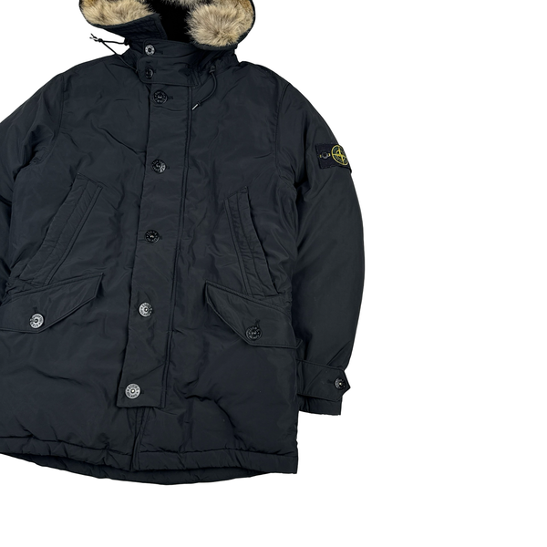 Stone Island 2014 Black Micro Reps Down Filled Fur Trim Parka - Medium