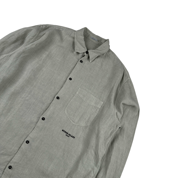 Stone Island 2005 Grey Lino Flax Spellout Collar Buttoned Shirt - XXL