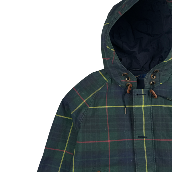 Ralph Lauren Green Tartan Waxed Cotton Hooded Jacket - Small