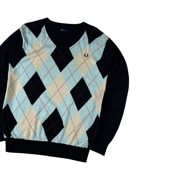 Fred Perry Baby Blue Dimond Details Zipped V Neck Knit - Medium