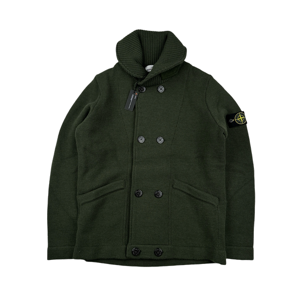 Stone Island 2022 Forest Green Wool Double Breasted Cardigan - Large