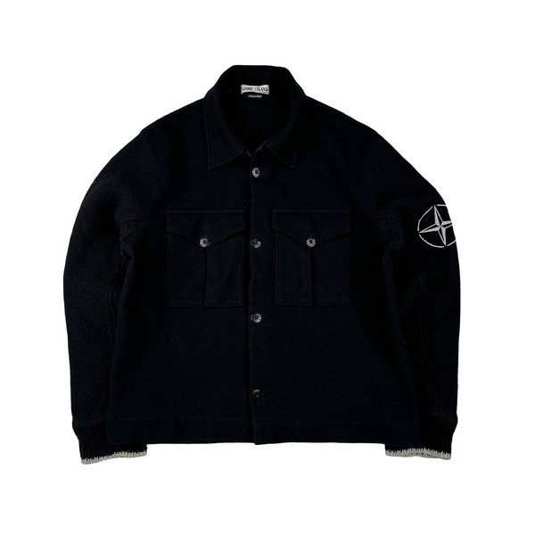 Stone Island 90s Black Wool Collared Buttoned Knit Compass Jumper - Large