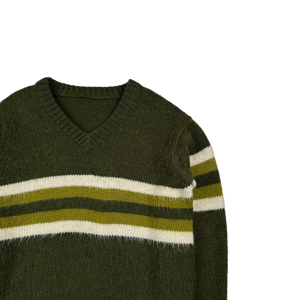 Prada Green Striped 100% Alpaca Wool V-Neck Jumper - XL