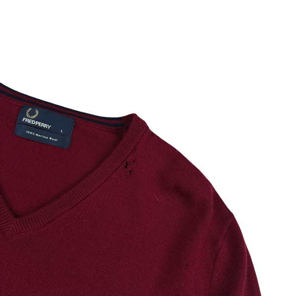 Fred Perry Red Wool V Neck Knit - Large