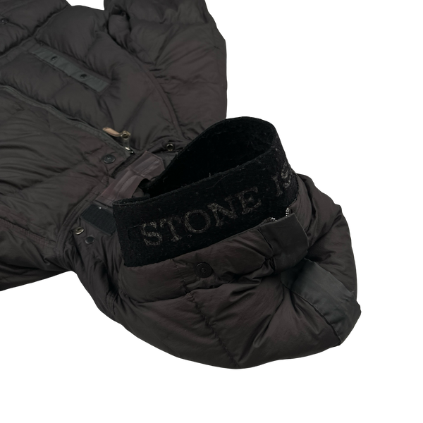 Stone Island 2005 Charcoal Vintage Mesh Badge Zip Opaque Nylon Tela Down Hood Jacket - Large