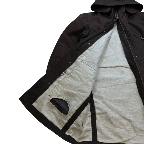CP Company 2005 Brown Cotton Blend Lino Flax Lined Long Parka Jacket - Large