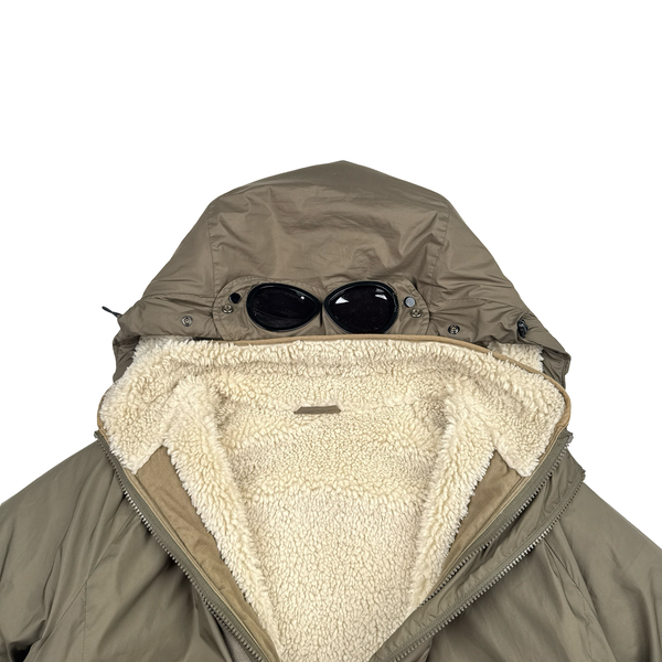 CP Company Reversible Thick Nylon Khaki Goggle Fleece Lined Hooded Jacket - Large