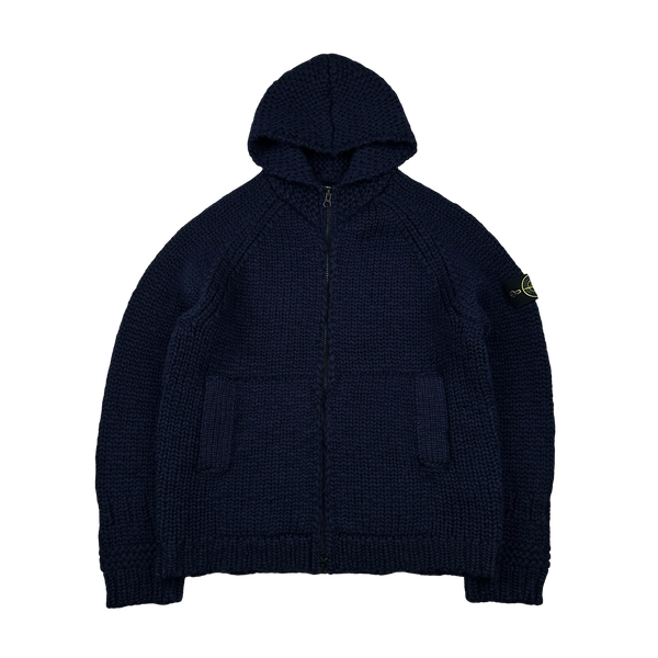 Stone Island 2022 Navy 100% Wool Knitted Zipped Hoodie - XL