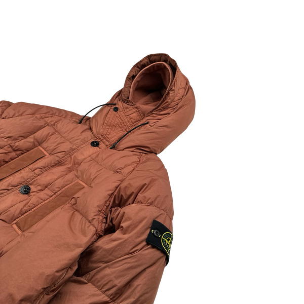 Stone Island 2019 Salmon Garment Dyed Crinkle Reps Long Puffer Jacket - Medium