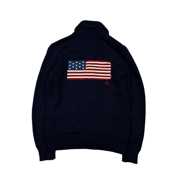 Ralph Lauren Navy Wool Knit Buttoned Flag Jumper - Medium