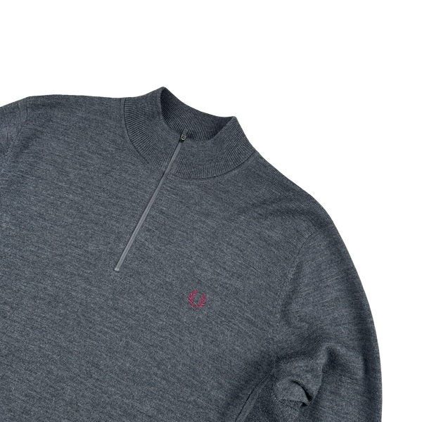 Fred Perry Grey Quarter Zip Knit Jumper - Large