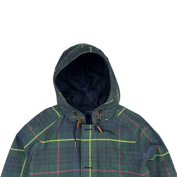 Ralph Lauren Green Tartan Waxed Cotton Hooded Jacket - Small