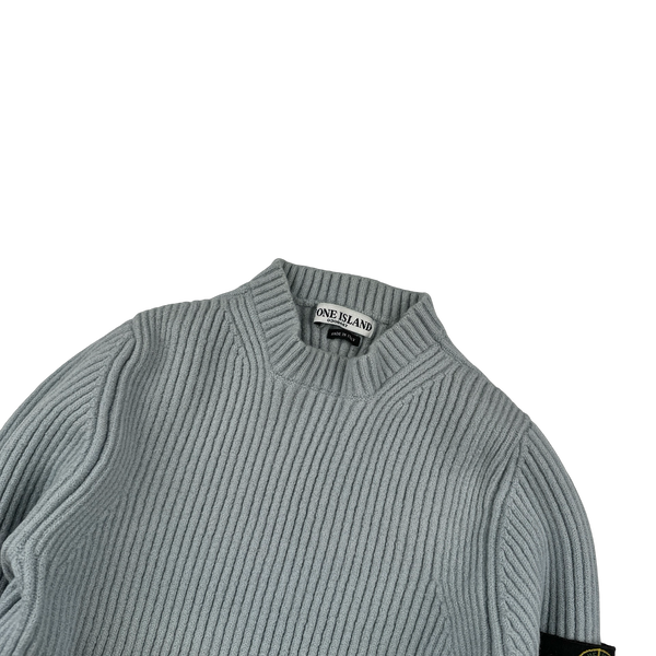 Stone Island 2000s Blue Wool Ribbed Crewneck Jumper - XS