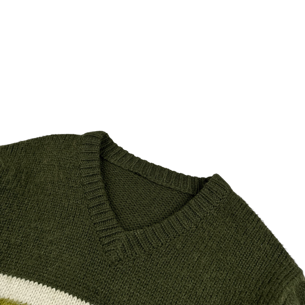 Prada Green Striped 100% Alpaca Wool V-Neck Jumper - XL