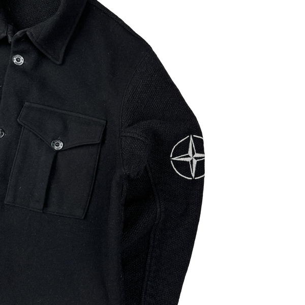 Stone Island 90s Black Wool Collared Buttoned Knit Compass Jumper - Large