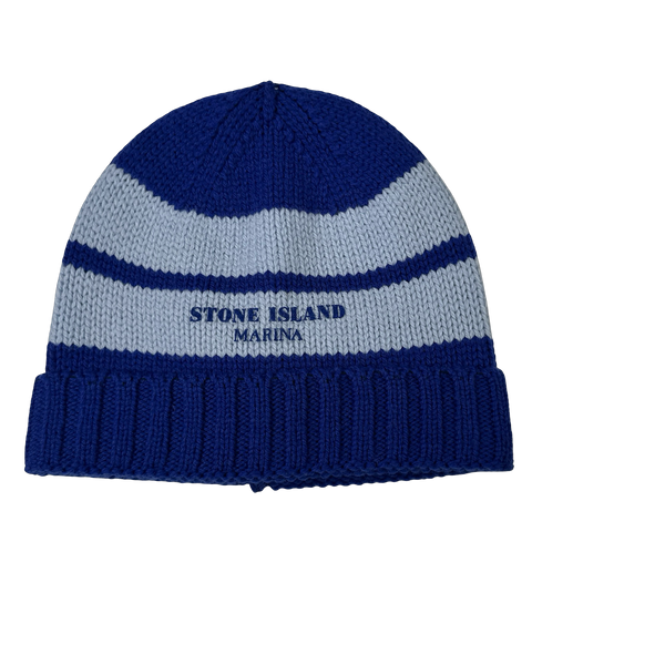 Stone Island 2025 Marina Blue Striped Pure Wool Spellout Beanie