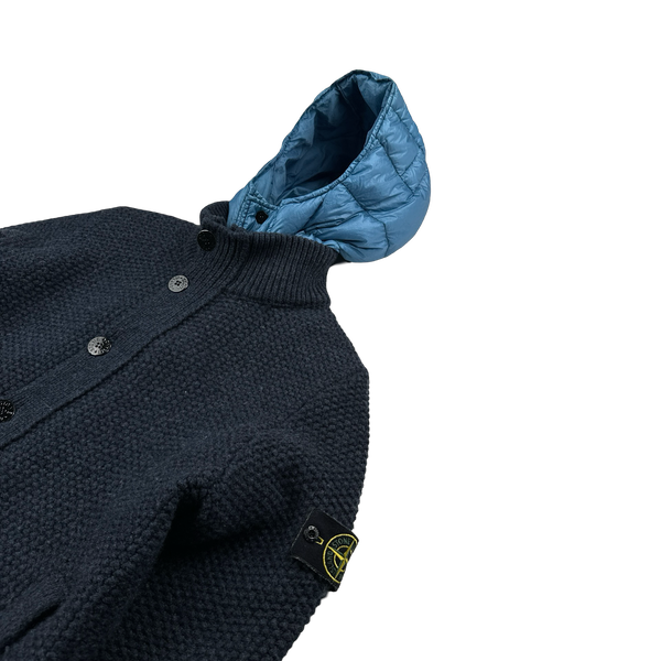 Stone Island 2013 Navy Wool Knit Garment Dyed Down Hood Jumper - XL