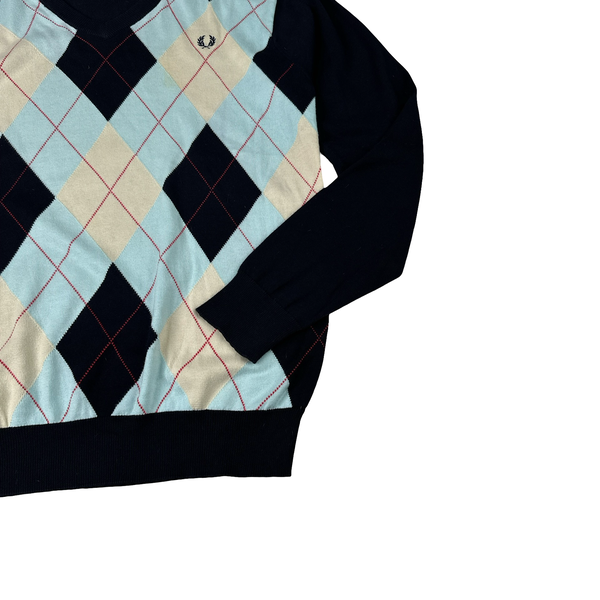 Fred Perry Baby Blue Dimond Details Zipped V Neck Knit - Medium