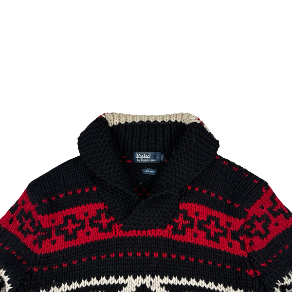 Ralph Lauren Red/Navy Wool Cable Hand Knit Jumper - Large