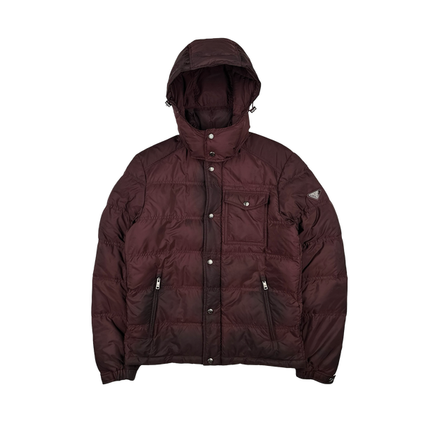 Prada Burgundy Triangle Logo Plaque Zipped Puffer Jacket - Medium