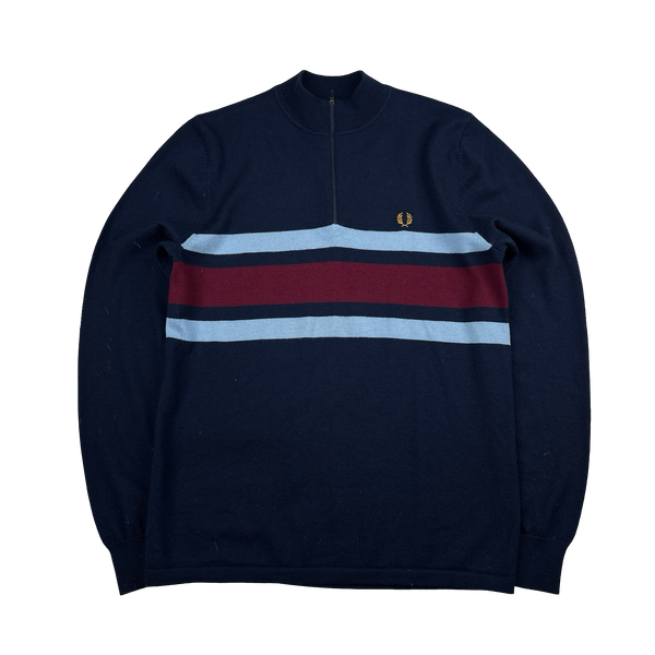 Fred Perry Navy Quarter Zip Colour Block Knit - Large