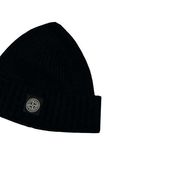 Stone Island Black Ribbed Logo Patch Beanie