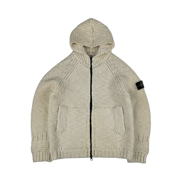 Stone Island 2022 Cream Heavyweight Lana Wool Knitted Zipped Hoodie - Large