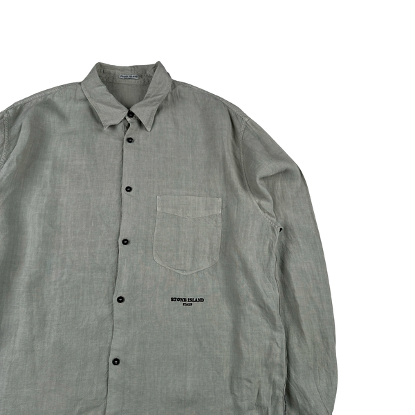 Stone Island 2005 Grey Lino Flax Spellout Collar Buttoned Shirt - XXL