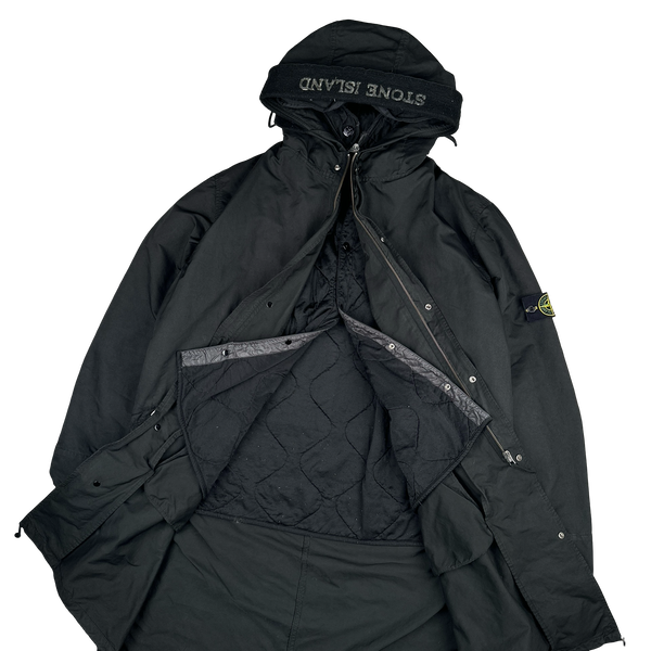 Stone Island 2007 Black David TC Dutch Liner Spellout Hood Long Parka Jacket - XXL