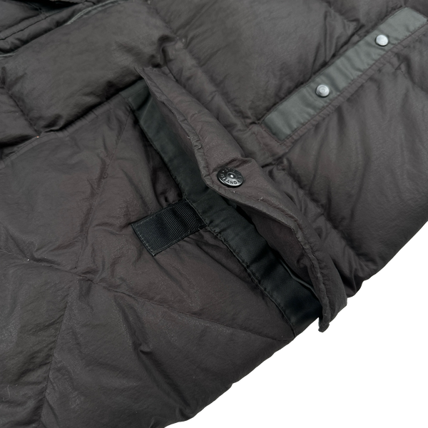 Stone Island 2005 Charcoal Vintage Mesh Badge Zip Opaque Nylon Tela Down Hood Jacket - Large