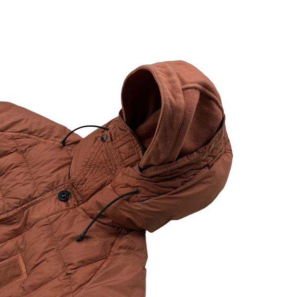 Stone Island 2019 Salmon Garment Dyed Crinkle Reps Long Puffer Jacket - Medium