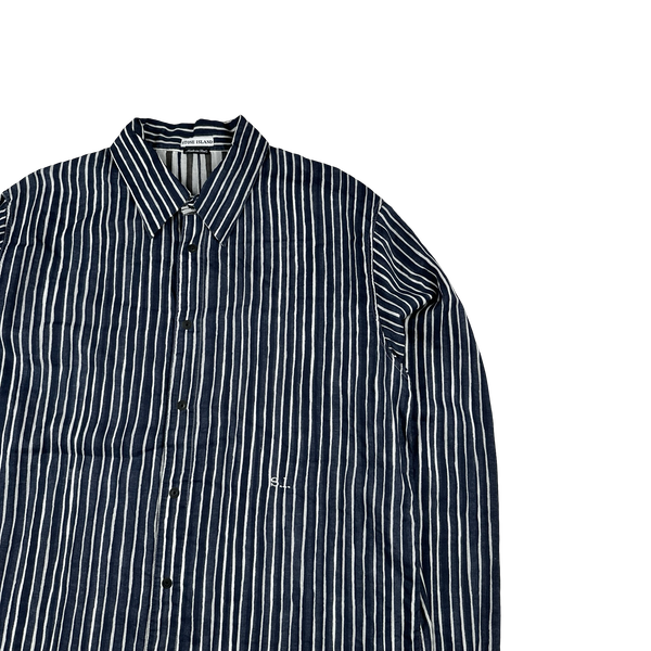 Stone Island 2003 Navy Painted Striped Linen Shirt - XL