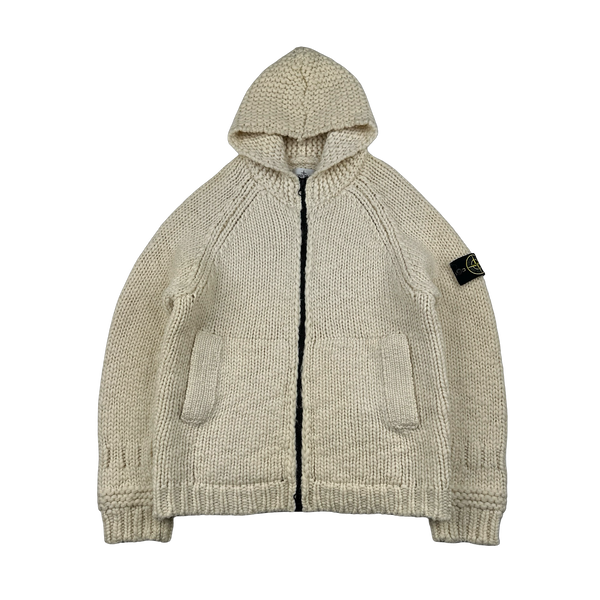 Stone Island 2022 Cream Heavyweight Lana Wool Knitted Zipped Hoodie - Large