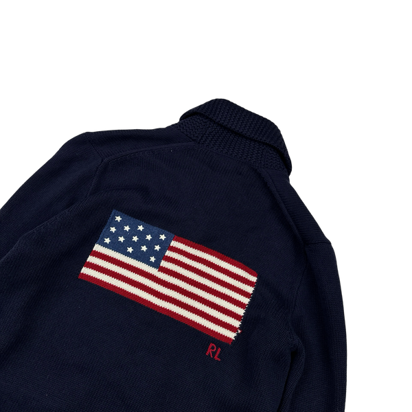 Ralph Lauren Navy Wool Knit Buttoned Flag Jumper - Medium