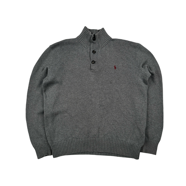 Ralph Lauren Grey Cotton Knit Quarter Button Jumper - Medium